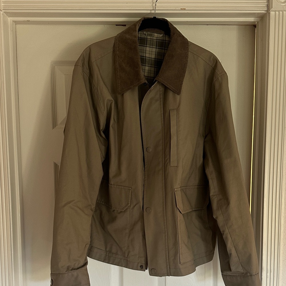 Uniqlo Men's Beige Jacket with Dark Brown Collar